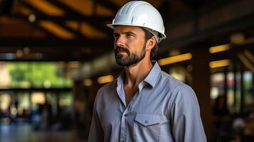 ai gegenereerd volwassen architect in harde hoed voorzichtig inspecteren nieuwe, vernieuwend modern gebouw ontwerp foto