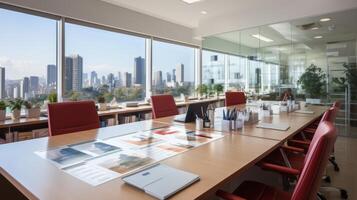 ai gegenereerd modern zakelijke kantoor vergadering kamer in een hoogbouw wolkenkrabber met panoramisch stad keer bekeken foto