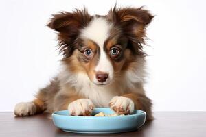 ai gegenereerd schattig grens collie puppy met schaal, looks Bij camera, mooi hoor huisdier dier portret met tekst ruimte foto