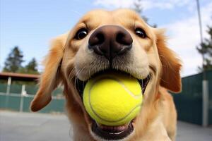 ai gegenereerd humoristisch en blij labrador retriever hond spelen gelukkig met een bal in haar mond en op zoek Bij de camera foto