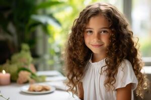 ai gegenereerd mooi jong vrouw met gekruld haar- glimlachen en maken oog contact terwijl zittend Bij een tafel foto