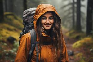 ai gegenereerd vrouw met rugzak wandelen in Woud, avontuur en reizen vakantie concept voor buitenshuis exploratie foto