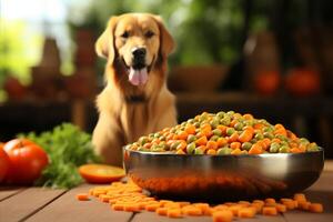 ai gegenereerd labrador retriever hond genieten van een gezond verscheidenheid van voedsel in een charmant kom foto