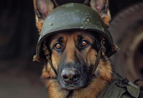 ai gegenereerd Duitse herder hond in helm foto