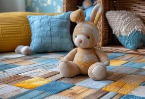 ai gegenereerd speelgoed- konijn zit Aan bed in kinderen kamer foto