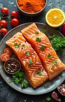 ai gegenereerd rauw Zalm filet en ingrediënten voor Koken Aan donker achtergrond foto