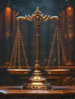 ai gegenereerd symbool van wet en gerechtigheid. de balans van gerechtigheid in de rechtbank bibliotheek foto