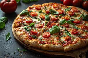 ai gegenereerd smakelijk vers oven pizza met tomaten kaas en basilicum Aan donker beton achtergrond foto
