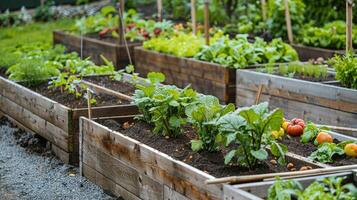 ai gegenereerd een netjes geregeld verheven tuin bedden bloeien met vers produceren in een stedelijk boerderij instelling foto