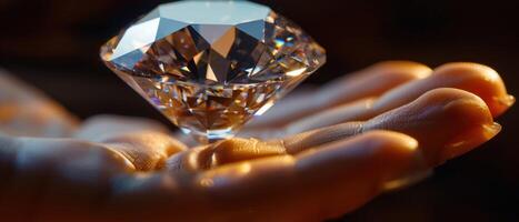 ai gegenereerd een detailopname van een groot kostbaar diamant resting voorzichtig in de palm van een hand- foto