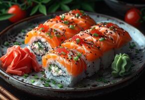 ai gegenereerd Philadelphia sushi rollen met Zalm kaas komkommer Masago rood kaviaar sesam zaden en soja saus Aan donker achtergrond foto