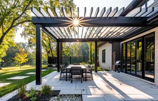 ai gegenereerd pergola biedt schaduw en plaats naar kom tot rust Aan de patio. foto