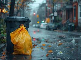 ai gegenereerd geel zak is links Aan de kant van de weg in de regen foto