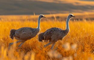 ai gegenereerd twee struisvogels rennen in de gras. foto