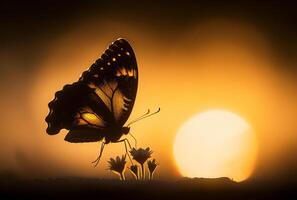 ai gegenereerd silhouet van vlinder Aan bloemen. een vlinder staat aftekenen tegen een geel dageraad foto
