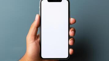 ai gegenereerd mockup van hand- Holding groot smartphone met blanco scherm Scherm voor ontwerp presentatie foto