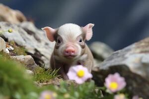 ai gegenereerd aanbiddelijk big wandelen door mooi alpine weiden omringd door verbijsterend natuur foto