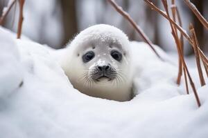 ai gegenereerd aanbiddelijk klein wit zegels ontspannende in de sereen schoonheid van ongetemd besneeuwd natuur foto