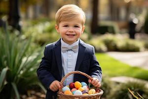 ai gegenereerd vrolijk kind jongen met levendig Pasen eieren mand genieten van zonnig tuin ei jacht foto