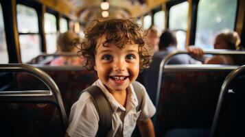 ai gegenereerd gelukkig kind instappen school- bus Aan eerste dag rug, opgewonden voor nieuw academisch jaar foto