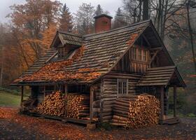 ai gegenereerd oud log cabine in de Woud. een oud hout huis met gestapeld brandhout foto