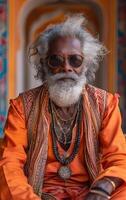 ai gegenereerd portret van sadhu met wit baard zittend in de tempel jaisalmer Rajasthan Indië foto