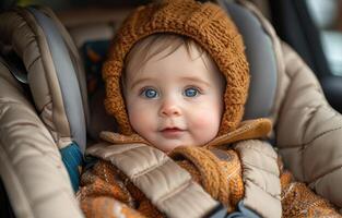 ai gegenereerd schattig weinig baby jongen zittend in de auto stoel en aan het wachten voor mam foto