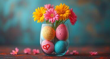 ai gegenereerd kleurrijk Pasen eieren in glas vaas met bloemen Aan blauw achtergrond. een bundel van gekleurde eieren in bril foto