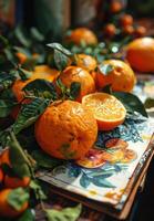 ai gegenereerd vers mandarijnen Aan houten tafel. een groep van oranje stickers Aan een stuk van papier foto