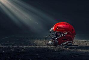 ai gegenereerd Amerikaans Amerikaans voetbal helm houdende Aan de grond met zon stralen komt eraan door de wolken foto