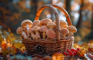 ai gegenereerd mand met champignons in de herfst Woud foto