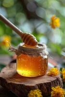 ai gegenereerd honing in pot en geel bloemen Aan houten tafel foto