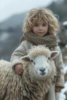 ai gegenereerd weinig jongen is Holding schapen in haar handen foto