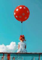 ai gegenereerd weinig meisje is zittend Aan muur met rood ballon foto