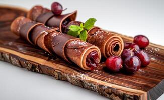 ai gegenereerd heerlijk chocola broodjes met kersen Aan houten bord. handgemaakt fruit pastilles foto