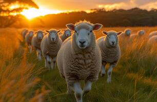 ai gegenereerd schapen rennen in veld- Bij zonsondergang. een veel schapen wandelen in een met gras begroeid veld- foto