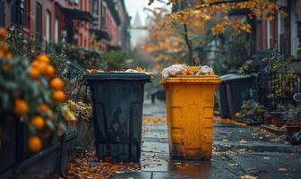 ai gegenereerd twee uitschot blikjes gevulde met vuilnis Aan de straat in herfst foto