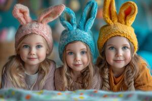 ai gegenereerd drie schattig weinig zussen in gebreid konijn oren zijn op zoek Bij de camera. de concept van familie vakantie. foto