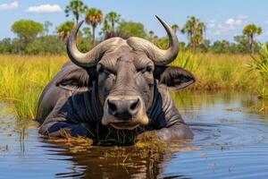 ai gegenereerd vastleggen de majestueus Afrikaanse buffel in haar natuurlijk leefgebied Aan een onvergetelijk safari avontuur foto