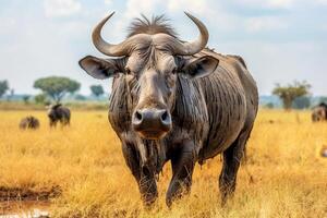 ai gegenereerd boeiend Afrikaanse buffel waarneming Aan een spannend safari avontuur in haar natuurlijk leefgebied foto