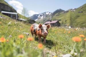 ai gegenereerd varken zwervend door de pittoreske alpine weiden met verbijsterend berg backdrop foto