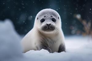 ai gegenereerd ontzagwekkend dieren in het wild ontmoeting. verrukkelijk klein wit zegels temidden van de majestueus winter wonderland foto