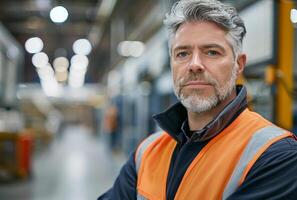 ai gegenereerd portret van zelfverzekerd volwassen Mens werken in fabriek foto