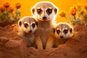 ai gegenereerd een hartverwarmend tafereel van meerkat familie verkennen levendig Afrikaanse safari landschap. wild natuur foto