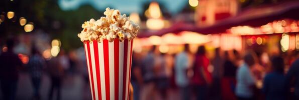 ai gegenereerd kom van popcorn Aan wazig achtergrond met kopiëren ruimte, tussendoortje voedsel concept voor uitverkoop en film nachten foto