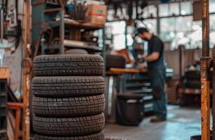 ai gegenereerd auto banden zijn Aan de achtergrond van de werkplaats waar de monteur werken foto