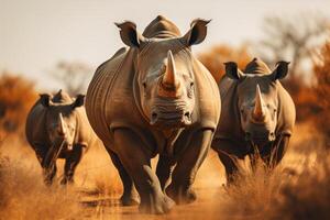 ai gegenereerd boeiend stuiten op met majestueus zwart neushoorn familie Aan opwindend safari reis foto