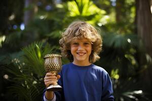 ai gegenereerd gelukkig preteen jongen Holding trofee kop en glimlachen met vreugde na winnend kampioenschap foto