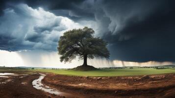 ai gegenereerd donker wolken verzamelen Aan horizon signalering naderen tornado over- sereen landschap foto