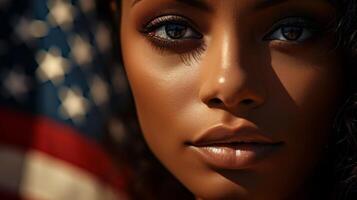 ai gegenereerd gelukkig jong vrouw vieren onafhankelijkheid dag met Amerikaans vlag Aan vierde van juli festiviteiten foto